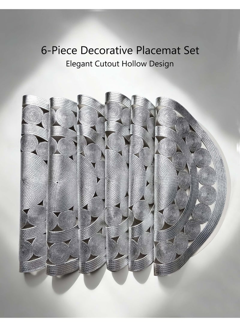 HomeNoor Round Metallic Silver Vinyl Placemats Set of 6, Elegant Hollow Out Woven-Look Texture Thick Dining Table Mats, Waterproof Washable Heat Resistant, 38 cm - Image 3