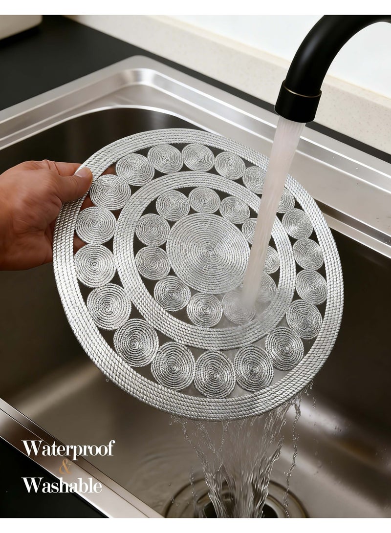 HomeNoor Round Metallic Silver Vinyl Placemats Set of 6, Elegant Hollow Out Woven-Look Texture Thick Dining Table Mats, Waterproof Washable Heat Resistant, 38 cm - Image 4