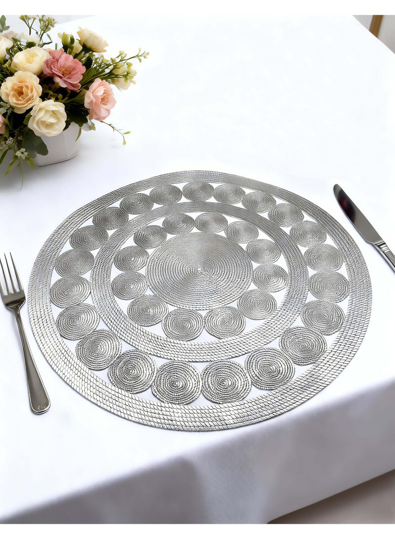 HomeNoor Round Metallic Silver Vinyl Placemats Set of 6, Elegant Hollow Out Woven-Look Texture Thick Dining Table Mats, Waterproof Washable Heat Resistant, 38 cm - Image 1