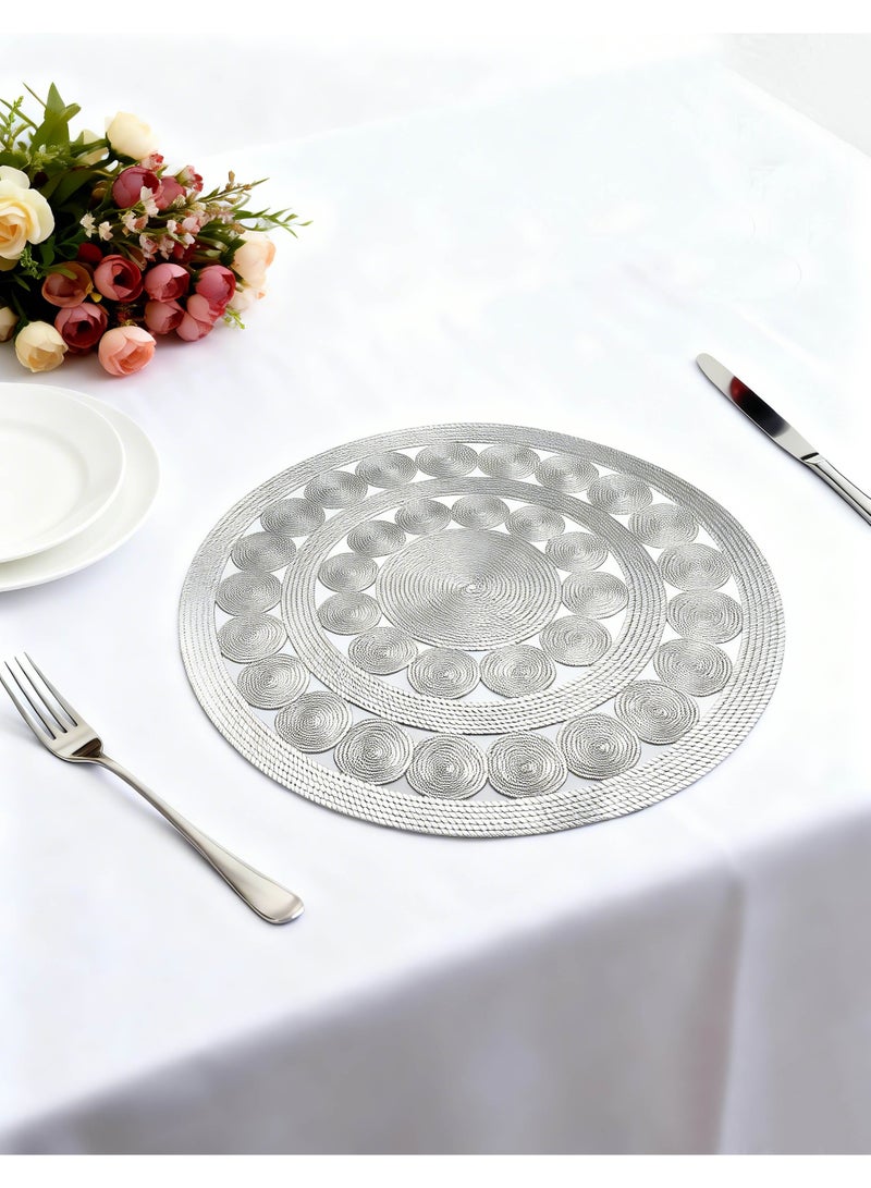 HomeNoor Round Metallic Silver Vinyl Placemats Set of 6, Elegant Hollow Out Woven-Look Texture Thick Dining Table Mats, Waterproof Washable Heat Resistant, 38 cm - Image 5