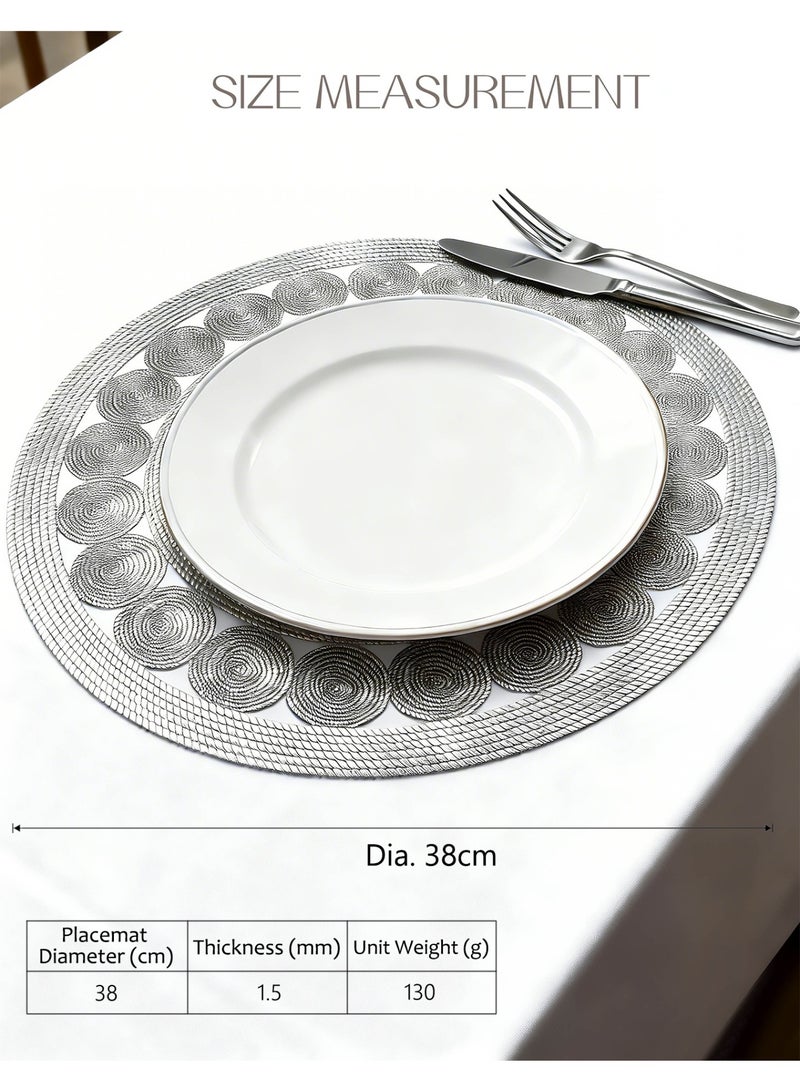 HomeNoor Round Metallic Silver Vinyl Placemats Set of 6, Elegant Hollow Out Woven-Look Texture Thick Dining Table Mats, Waterproof Washable Heat Resistant, 38 cm - Image 2