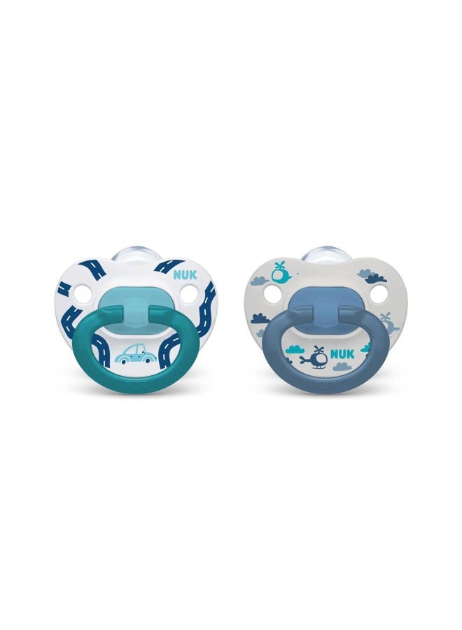 NUK Comfy Orthodontic Pacifiers, Blue Assorted, 18-36 Months, 2 Count, Soft & Durable Design for Baby Comfort - Image 1