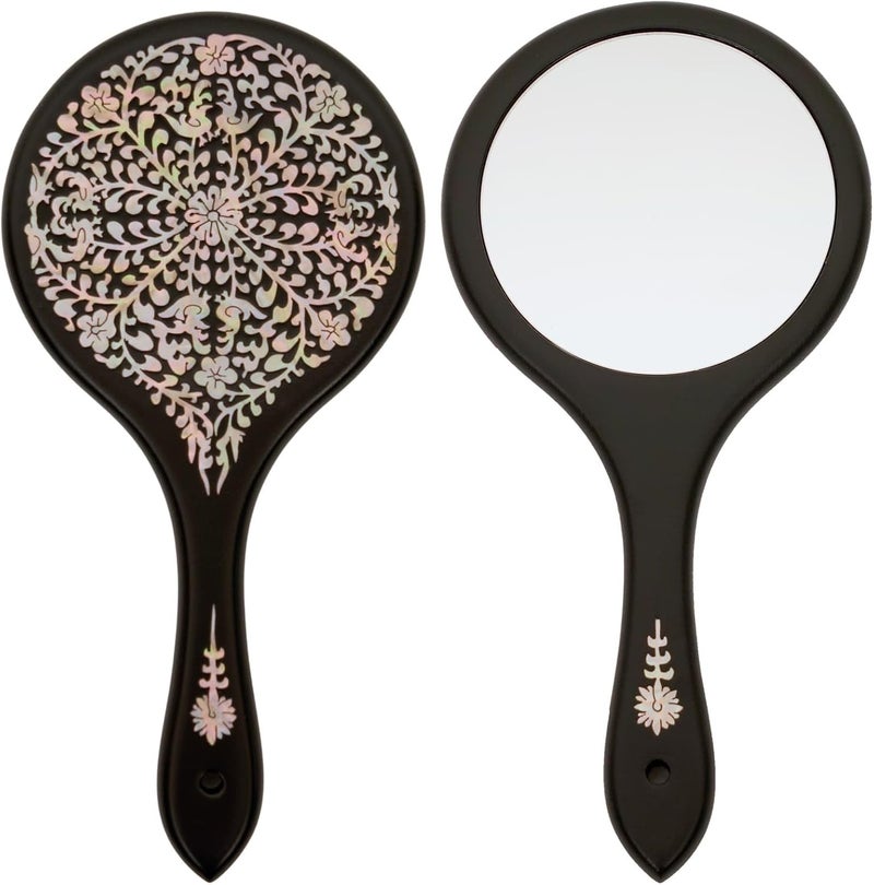 February Mountain Handcrafted Korean Mother-of-Pearl Hand Mirror - Lacquered Flower and Butterfly Design, Elegant Makeup Vanity Mirror, Compact and Travel Size (Flower - Red) (Black)