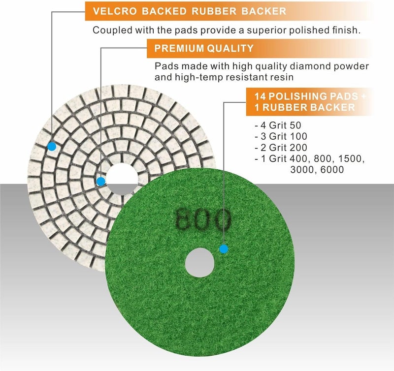 SPTA 15pcs Diamond Wet Polishing Pads Set, 4 inch, White, 50#-6000#, For Granite, Concrete, Marble, Stone, Tiles, With Floor Grinder or Polisher - Image 3