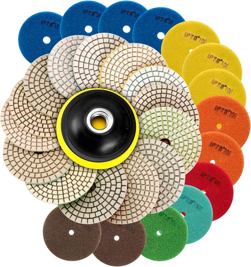 SPTA 15pcs Diamond Wet Polishing Pads Set, 4 inch, White, 50#-6000#, For Granite, Concrete, Marble, Stone, Tiles, With Floor Grinder or Polisher - Image 1