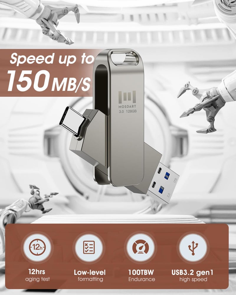 MOSDART 128GB USB C 3.2 Fast Speed C and A Dual Flash Drive, exFAT Memory Stick with Keychain Loop, for iPhone 15,16,17, Android Phone, iPad, MacBook, Silver - Image 3