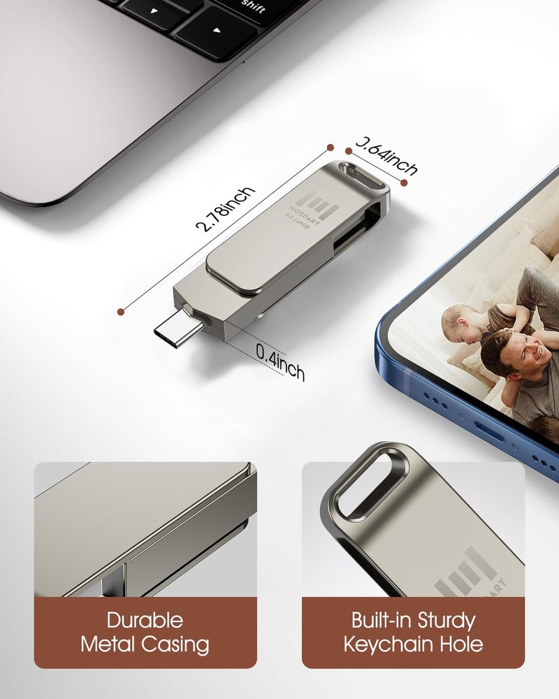 MOSDART 128GB USB C 3.2 Fast Speed C and A Dual Flash Drive, exFAT Memory Stick with Keychain Loop, for iPhone 15,16,17, Android Phone, iPad, MacBook, Silver - Image 2