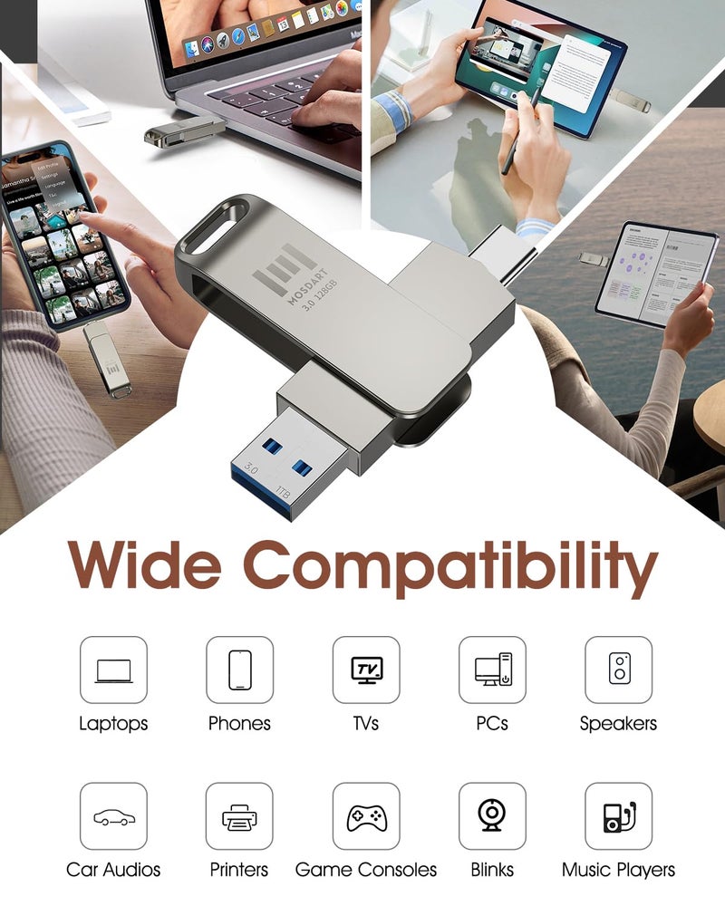 MOSDART 128GB USB C 3.2 Fast Speed C and A Dual Flash Drive, exFAT Memory Stick with Keychain Loop, for iPhone 15,16,17, Android Phone, iPad, MacBook, Silver - Image 5