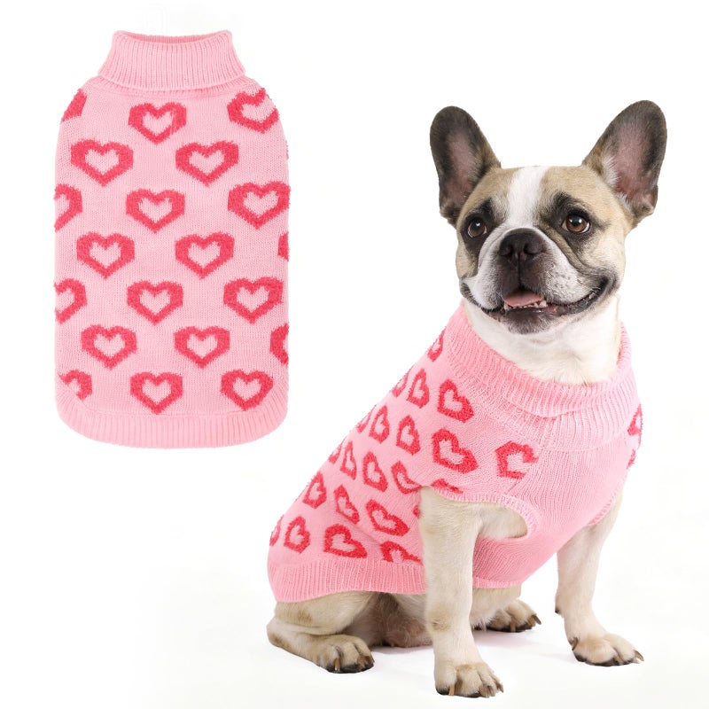 KOOLTAIL Valentine's Day Dog Sweater, Cold Weather Dogs Knitted Sweater Turtleneck Pullover, Pet Sweater with Heart Pattern, Warm Winter Clothes for Small Medium Large Dogs Cat Boy Girl, Pink M - Image 1
