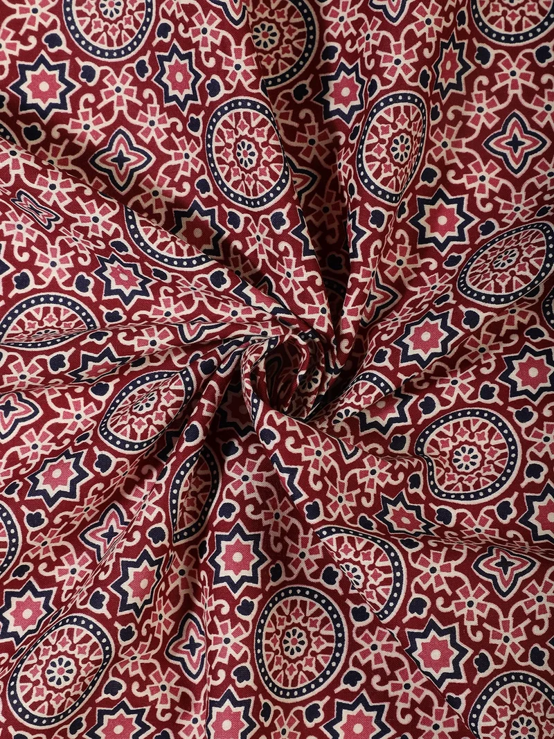 أيه كيه إس Maroon Ajrakh Block Print Fabric - One Meter