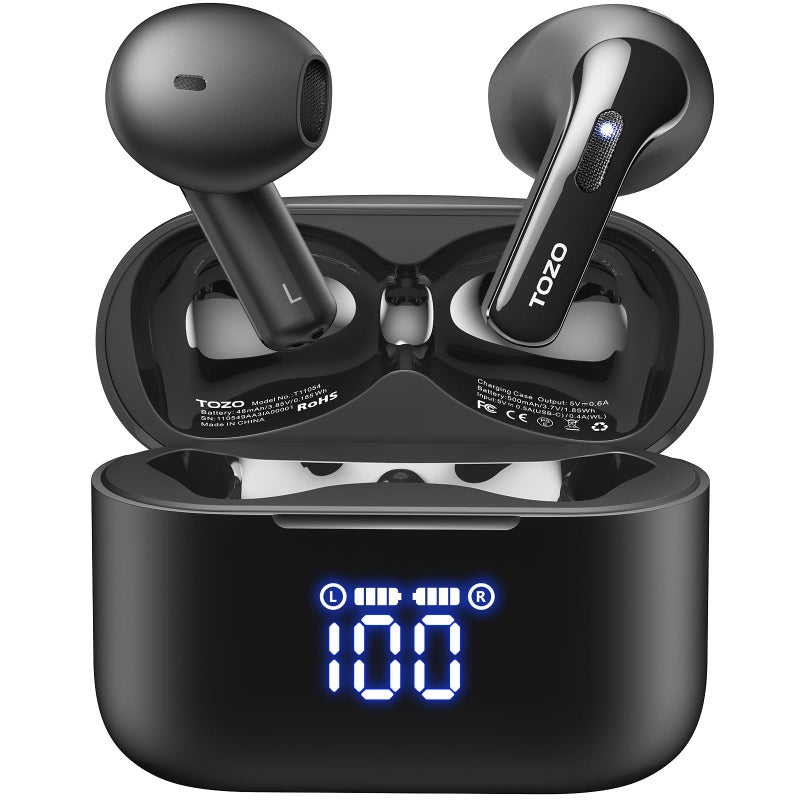 TOZO T21 Wireless Earbuds Bluetooth 5.3 in Ear Headphones Dual Mic Call Noise Cancelling IPX8 Waterproof 44H Playback Stereo Sound with LED Display Wireless Charging Case 32 EQs via APP Black - Image 1