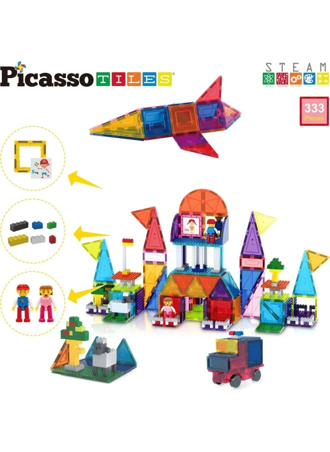 PicassoTiles - PicassoTiles Brick Blocks and Magnet Tile Combo Building Block Set (333 Pieces) - Image 1