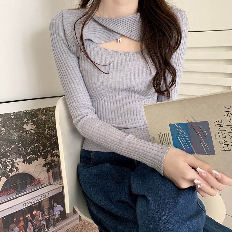 2023 autumn and winter design hollow-out long-sleeved sweater womens careful machine slim-fit slimming V-neck pullover bottoming top Rose Red - Image 3