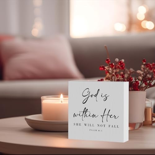 ENGVZ God is within Her Bible Verse Artwork Wood Box Sign Rustic Farmhouse Style Psalm 46 : 5 Christian Wood Block Plaque 5 X 5 Inches Home Office Desk Sign Decor for Presents - Image 4