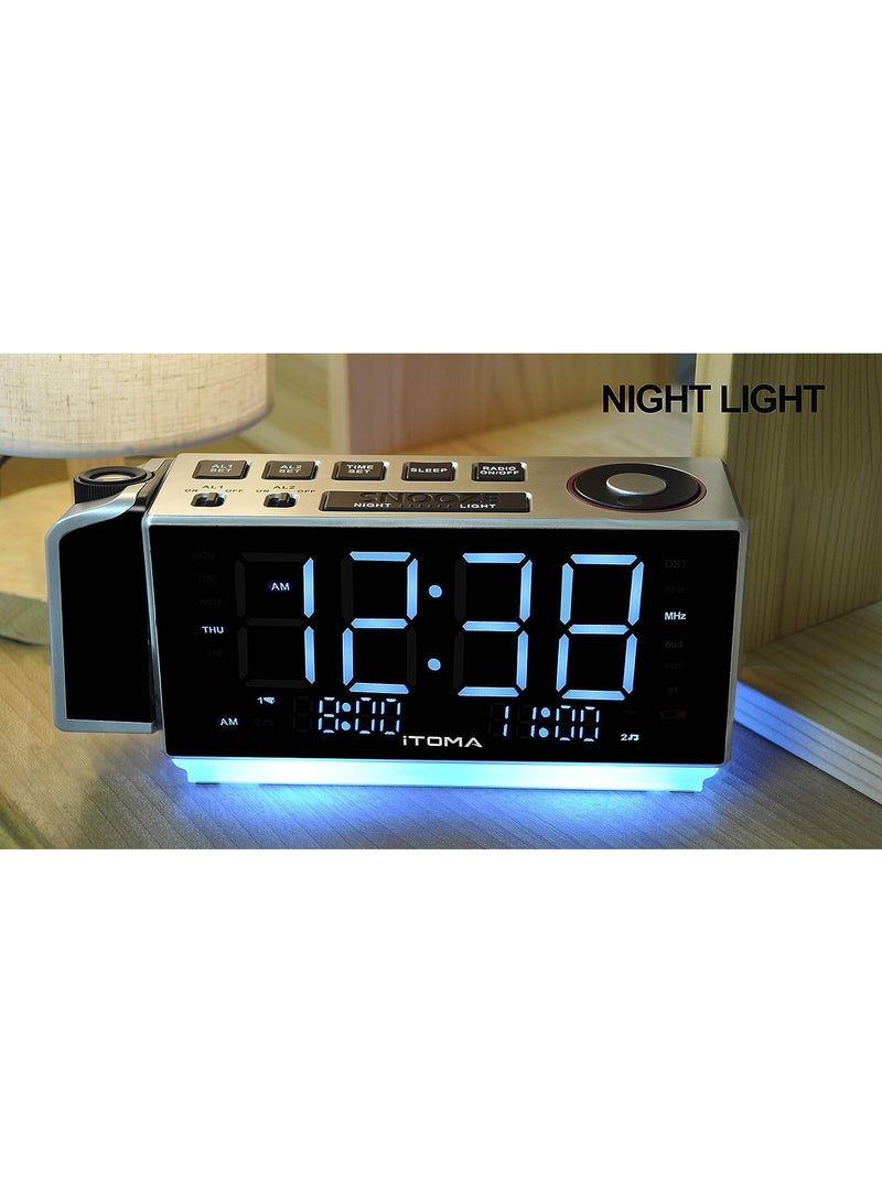 آي توما ساعة إنذار الإسقاط مع راديو FM ، بلوتوث ، درجة الحرارة والرطوبة ، إنذار مزدوج ، سنوز ، شحن USB ، ضوء الليل والتحكم في مضيء - Image 3