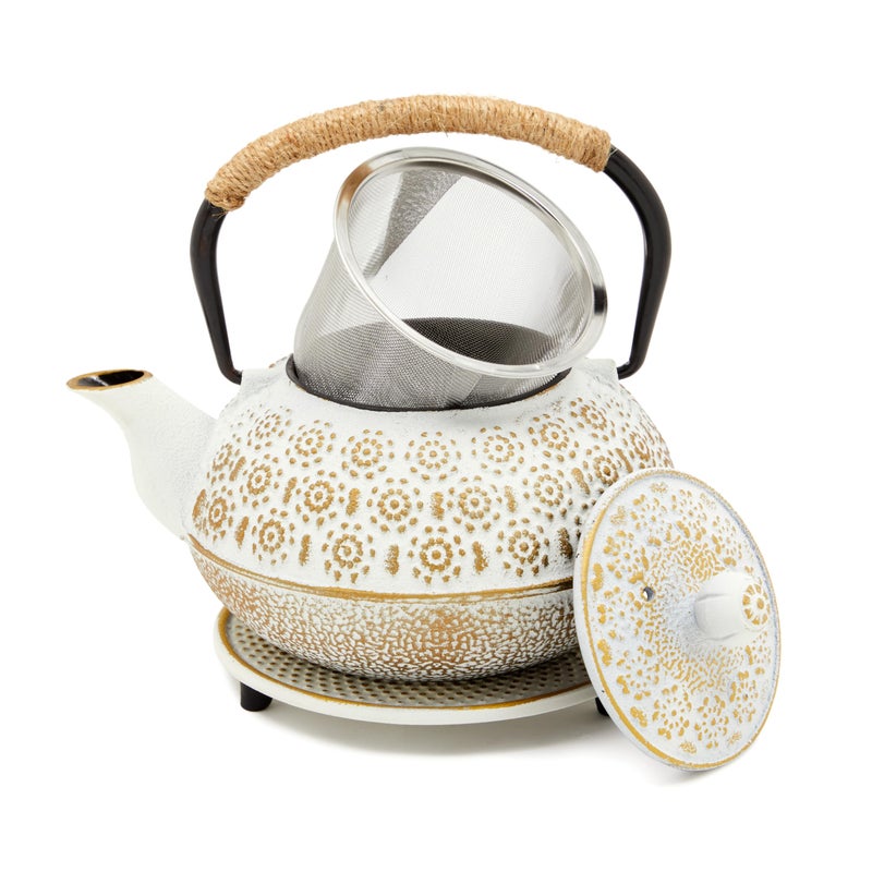 Juvale Stovetop Cast Iron Tea Kettle with Infuser - Superior Heat Retention Loose Leaf Tea Pot - Built-In Teapot with Strainer - Includes Trivet & Infuser Kettle - White, 27 Oz (800 ml) - Image 1