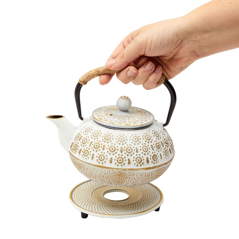 Juvale Stovetop Cast Iron Tea Kettle with Infuser - Superior Heat Retention Loose Leaf Tea Pot - Built-In Teapot with Strainer - Includes Trivet & Infuser Kettle - White, 27 Oz (800 ml) - Image 4