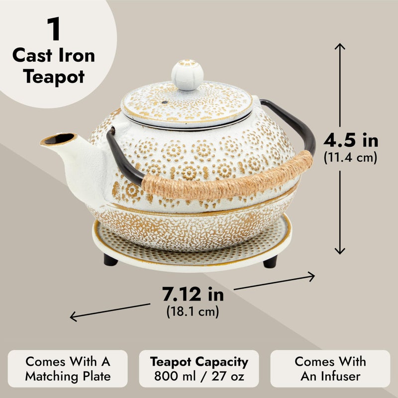 Juvale Stovetop Cast Iron Tea Kettle with Infuser - Superior Heat Retention Loose Leaf Tea Pot - Built-In Teapot with Strainer - Includes Trivet & Infuser Kettle - White, 27 Oz (800 ml) - Image 3