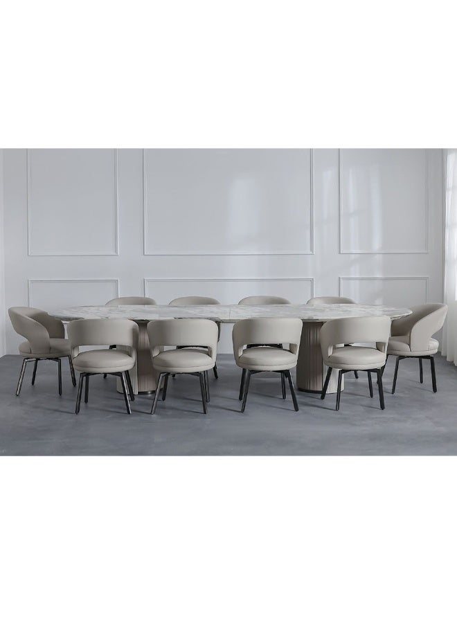 DANUBE HOME Hesdin 1+10 High Gloss Dining Set Wooden Dining Table With 10 Fabric Upholstered Chairs Solid Wood Base Modern Dining Set For Dining Room Living Room – Light Grey/Beige - Image 2