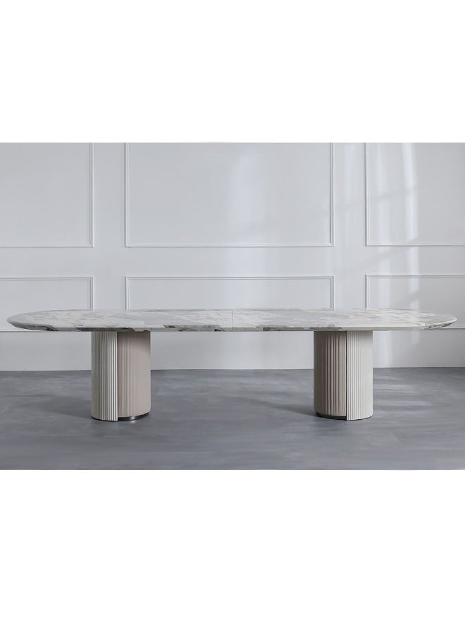 DANUBE HOME Hesdin 1+10 High Gloss Dining Set Wooden Dining Table With 10 Fabric Upholstered Chairs Solid Wood Base Modern Dining Set For Dining Room Living Room – Light Grey/Beige - Image 3