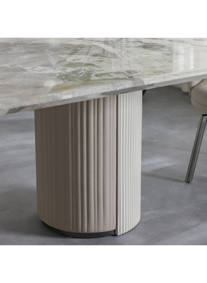 DANUBE HOME Hesdin 1+10 High Gloss Dining Set Wooden Dining Table With 10 Fabric Upholstered Chairs Solid Wood Base Modern Dining Set For Dining Room Living Room – Light Grey/Beige - Image 5