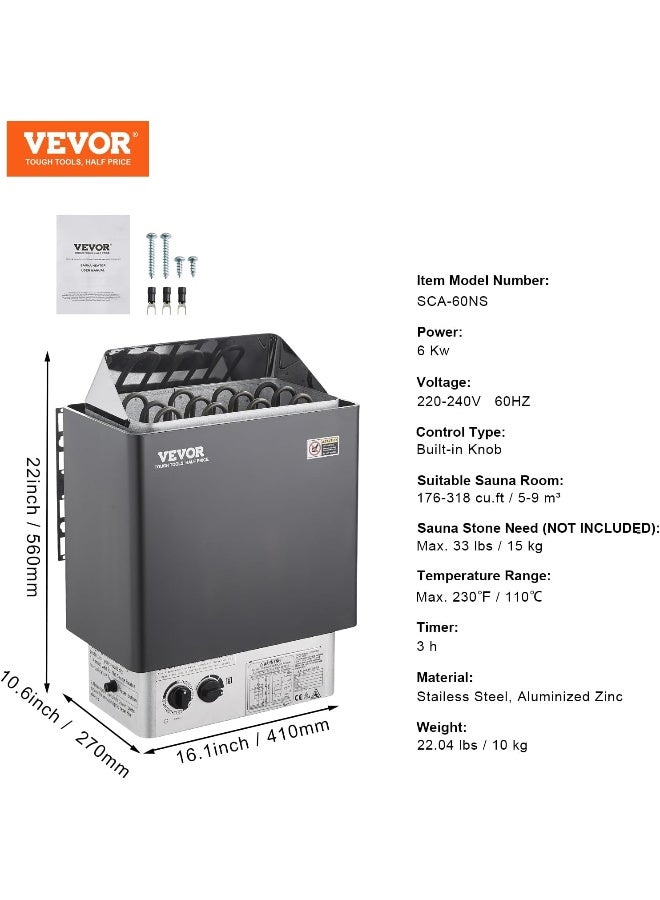 VEVOR Sauna Heater 220V Electric Sauna Stove Steam Bath Sauna Heater 3h Timer and Adjustable Temp for Max. 176-318 Cubic Feet Home Hotel Spa Shower Use 6KW  - Image 4