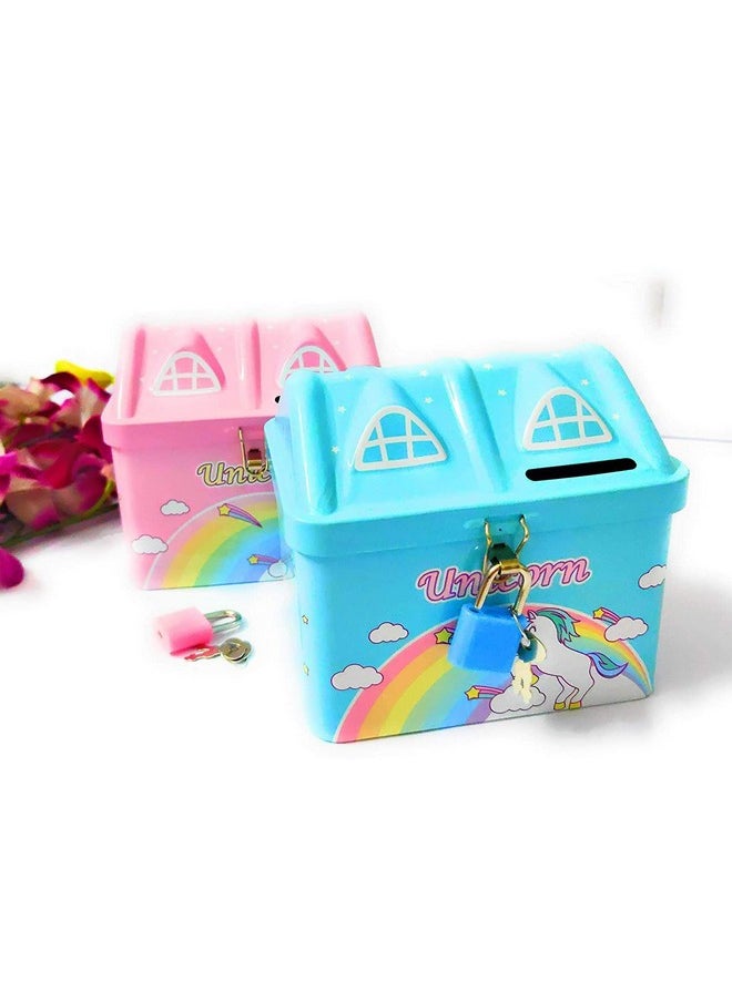 Kids Printed Money Bank House/Hut Shape Money Bank For Kids Unicorn Piggy Bank Small Saving Account With Lock And Key (Pack of 2), Cottage, Pink  - Image 5