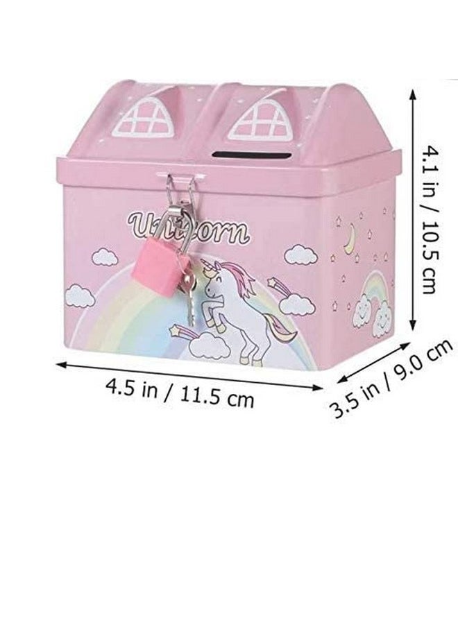 Kids Printed Money Bank House/Hut Shape Money Bank For Kids Unicorn Piggy Bank Small Saving Account With Lock And Key (Pack of 2), Cottage, Pink  - Image 2