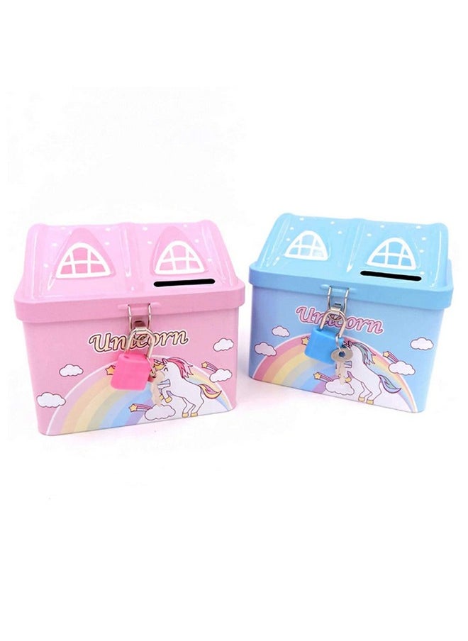 Kids Printed Money Bank House/Hut Shape Money Bank For Kids Unicorn Piggy Bank Small Saving Account With Lock And Key (Pack of 2), Cottage, Pink  - Image 1