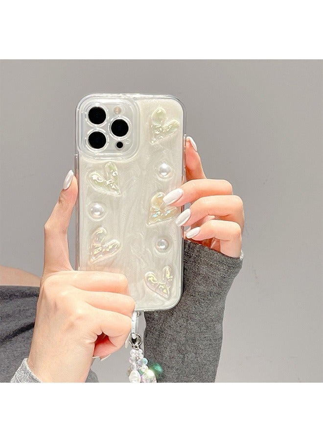 Phone Case for iPhone 15 Pro,Glitter White Dreamy 3D heart shapes and pearls design with anti-loss Lovely Bracelet Chain phone case for Women Girls  - Image 1
