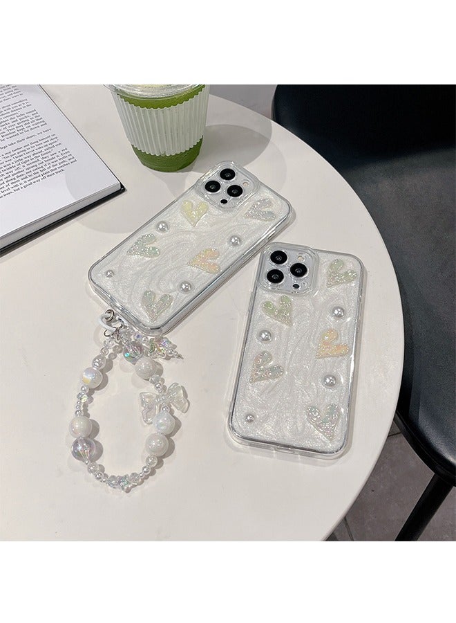 Phone Case for iPhone 15 Pro,Glitter White Dreamy 3D heart shapes and pearls design with anti-loss Lovely Bracelet Chain phone case for Women Girls  - Image 4