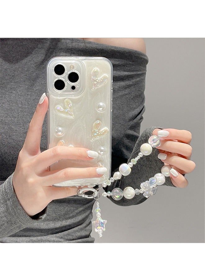 Phone Case for iPhone 15 Pro,Glitter White Dreamy 3D heart shapes and pearls design with anti-loss Lovely Bracelet Chain phone case for Women Girls  - Image 2
