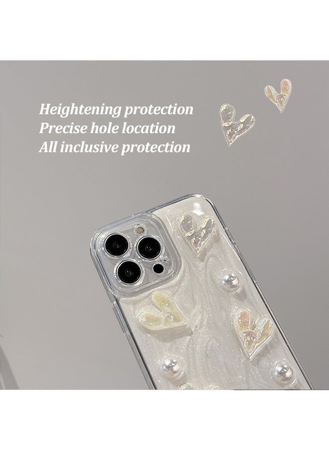 Phone Case for iPhone 15 Pro,Glitter White Dreamy 3D heart shapes and pearls design with anti-loss Lovely Bracelet Chain phone case for Women Girls  - Image 5