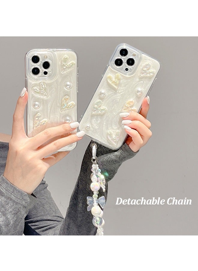 Phone Case for iPhone 15 Pro,Glitter White Dreamy 3D heart shapes and pearls design with anti-loss Lovely Bracelet Chain phone case for Women Girls  - Image 3