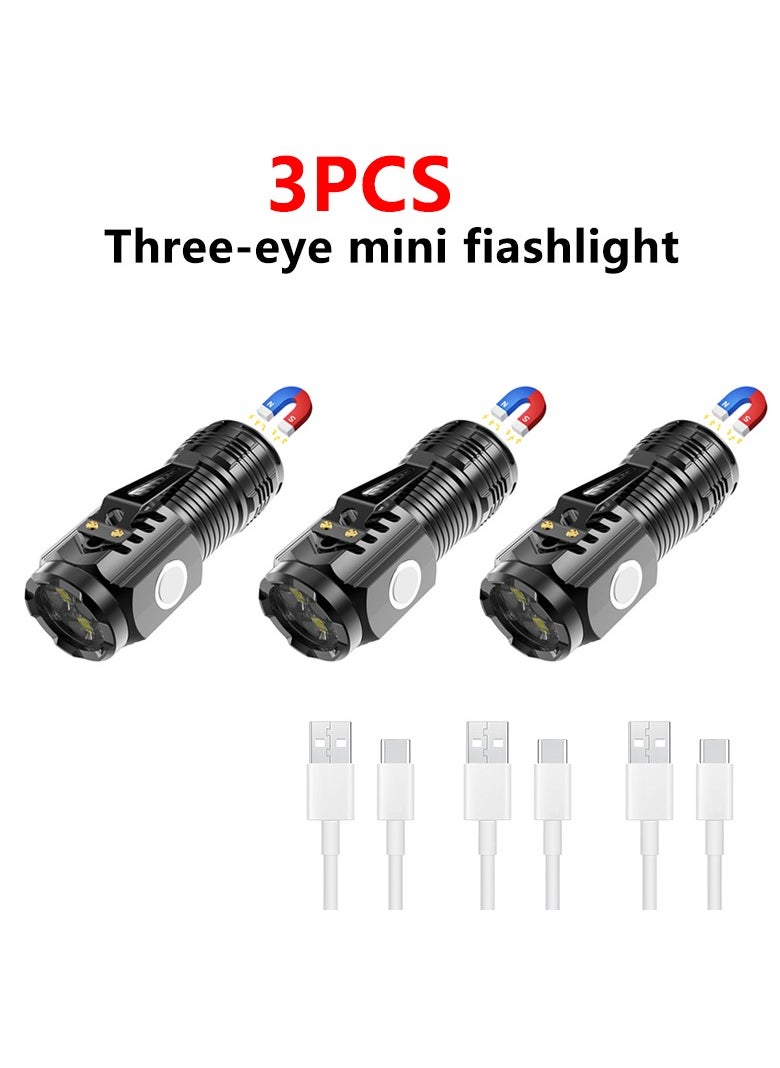 AROAQ Mini Flashlight, Multifunctional Three Eyed Bright Flashlight, Ipx4 Waterproof Portable Handheld Torch With Clip, Rechargeable Durable Pocket Flashlight For Camping Hunting, (3pcs, Black)  - Image 1