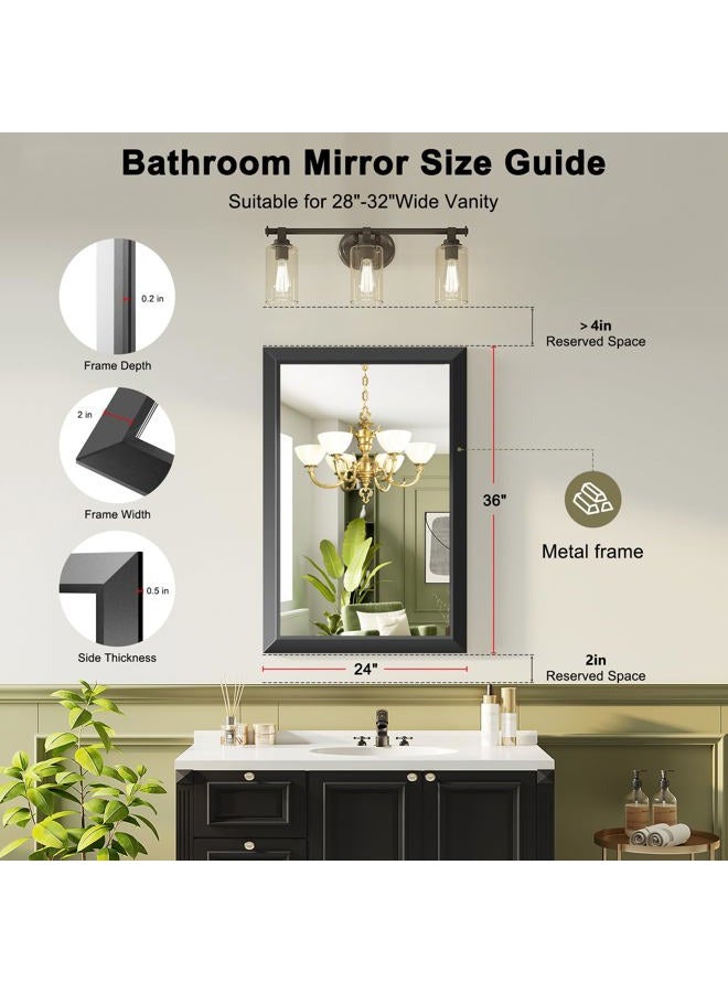 ERZERT Black Bathroom Mirror for Over Sink,24x36Inch Thick Metal Framed Rectangle Decorative Mirror for Wall,Bedroom, Living Room, Entryway - Image 3