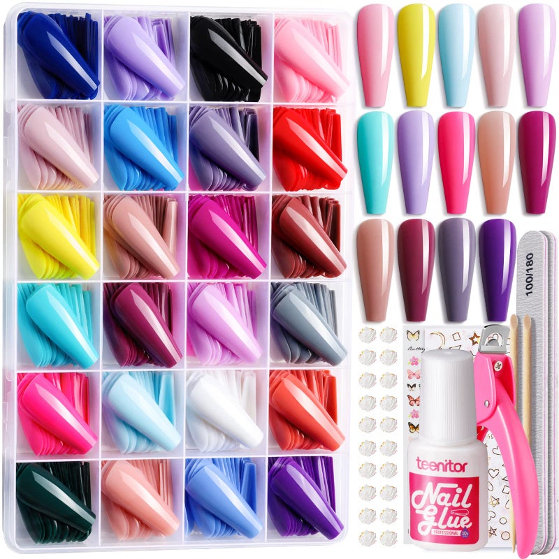 Teenitor Full Cover Color Press On Coffin Nails, 576pcs Fake Nail Tips in 24 Colors, Glue On Long Ballerina False Nails - Image 1