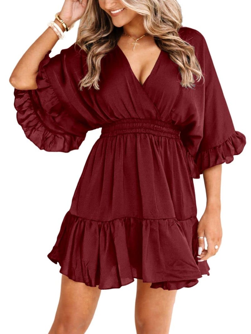 Aoysky Womens V Neck Casual Dresses Summer Loose High Waist Ruffle Pleated Cute Mini Short Dress Wine Red - Image 1