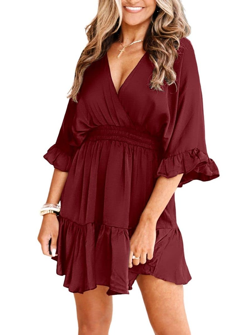 Aoysky Womens V Neck Casual Dresses Summer Loose High Waist Ruffle Pleated Cute Mini Short Dress Wine Red - Image 2