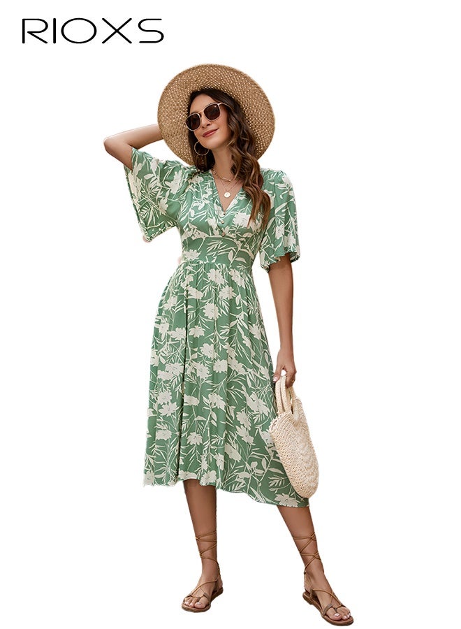 RIOXS Women's A-Line Dresses, Floral V Neck Dress, Ladies Short Sleeve Dresses, Elastic Waist Knee Length Dress, Flowy Casual Dress For Women, Summer Beach Swing Dress, Womens Loose Fit Dress, Boho Floral Elegant Dresses, Dresses For Party/ Shopping/ Office/ Vacation  - Image 1