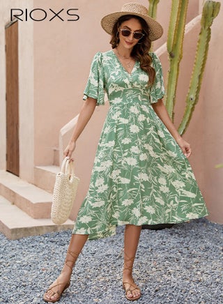 sachin and babi light blue dress RIOXS Women's Floral V Neck A-Line Dresses, Short Sleeve High Waisted Dress  for Ladies, Elastic Waist Knee Length Dress, Flowy Casual Summer Beach  Swing Dress, Elegant Loose Fit Boho Floral Dress for
