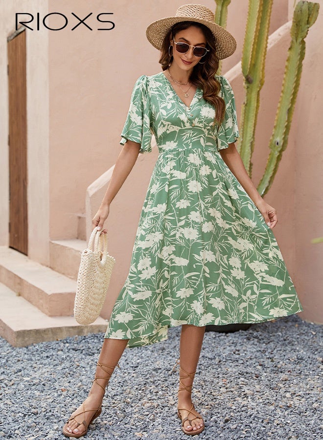 RIOXS Women's Floral V Neck A-Line Dresses, Short Sleeve High Waisted Dress for Ladies, Elastic Waist Knee Length Dress, Flowy Casual Summer Beach Swing Dress, Elegant Loose Fit Boho Floral Dress for Party/ Shopping/ Office/ Vacation - Image 1