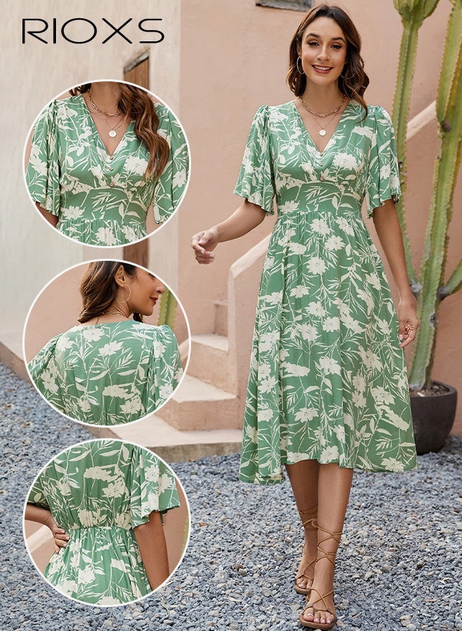 RIOXS Women's Floral V Neck A-Line Dresses, Short Sleeve High Waisted Dress for Ladies, Elastic Waist Knee Length Dress, Flowy Casual Summer Beach Swing Dress, Elegant Loose Fit Boho Floral Dress for Party/ Shopping/ Office/ Vacation - Image 5