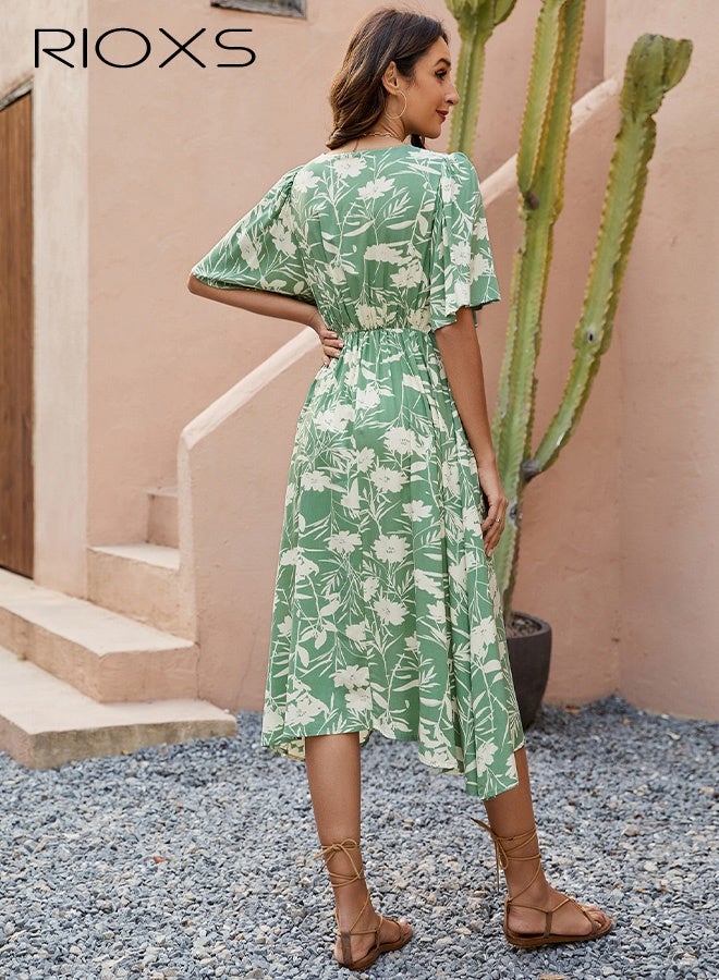 RIOXS Women's Floral V Neck A-Line Dresses, Short Sleeve High Waisted Dress for Ladies, Elastic Waist Knee Length Dress, Flowy Casual Summer Beach Swing Dress, Elegant Loose Fit Boho Floral Dress for Party/ Shopping/ Office/ Vacation - Image 3