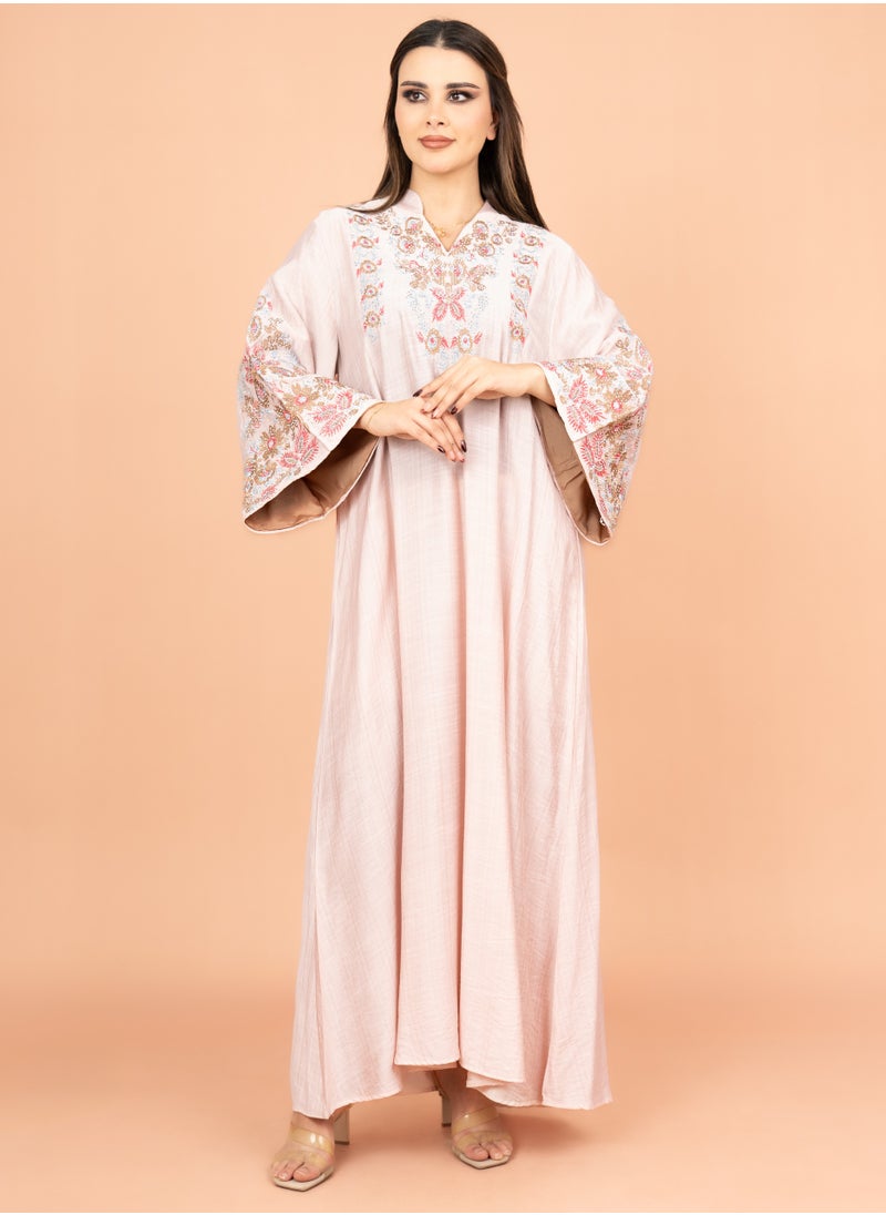 IKKXA Crystal-Embellished Embroidered Jalabiya IK4002 Peach  - Image 1