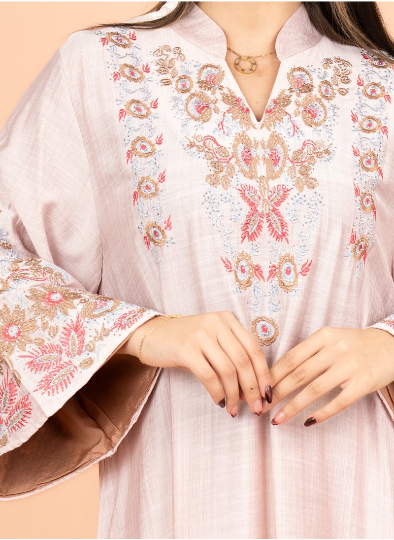 IKKXA Crystal-Embellished Embroidered Jalabiya IK4002 Peach  - Image 2
