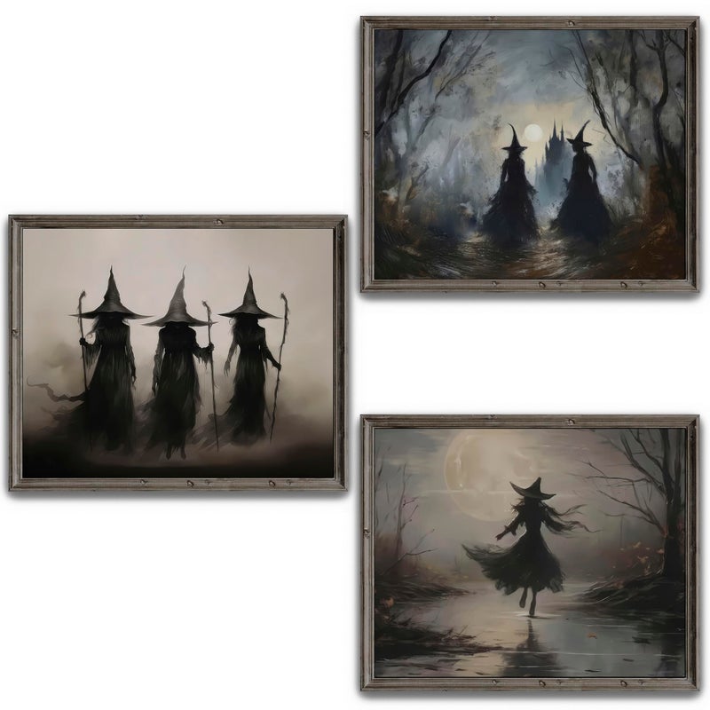 Lanchi95 3 PCS 8x10in عتيقة ريفي الساحرة ملصقات الهالوين جدار الفن الساحرة في غابة الطبع - Image 1