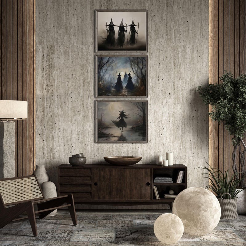 Lanchi95 3 PCS 8x10in عتيقة ريفي الساحرة ملصقات الهالوين جدار الفن الساحرة في غابة الطبع - Image 3