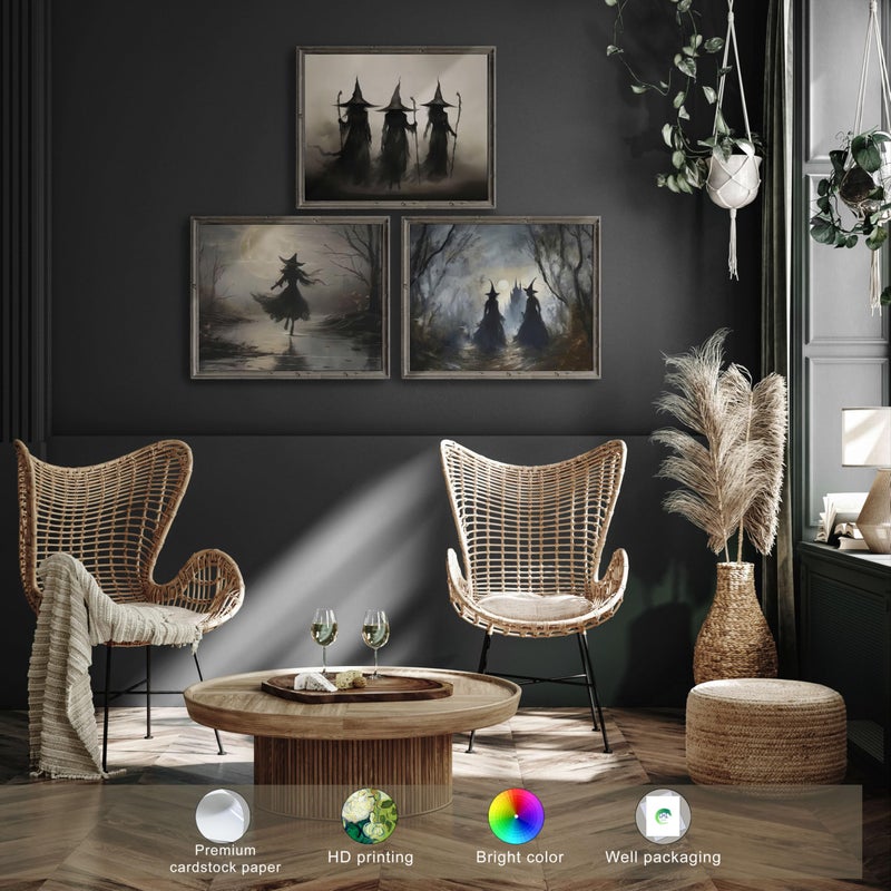 Lanchi95 3 PCS 8x10in عتيقة ريفي الساحرة ملصقات الهالوين جدار الفن الساحرة في غابة الطبع - Image 4