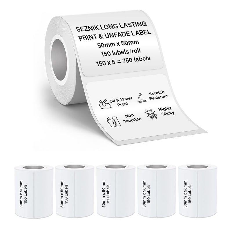 SEZNIK Waterproof, Non-Tearable, Sticky Thermal Lables, Label Roll, 2 inch Adhesive Thermal Labels for Label Printers (50mmx50mm - 750 Lables), 150 Labels - Image 1